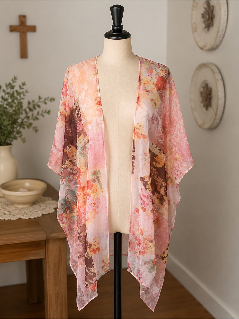 Boho Floral Sheer Kimono Cover Up - Pink Multicolor